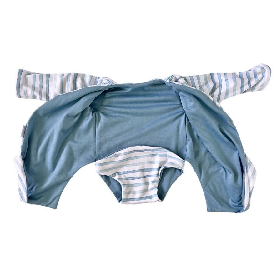 Reversible baby winged bodysuit in Chambray Waves design.