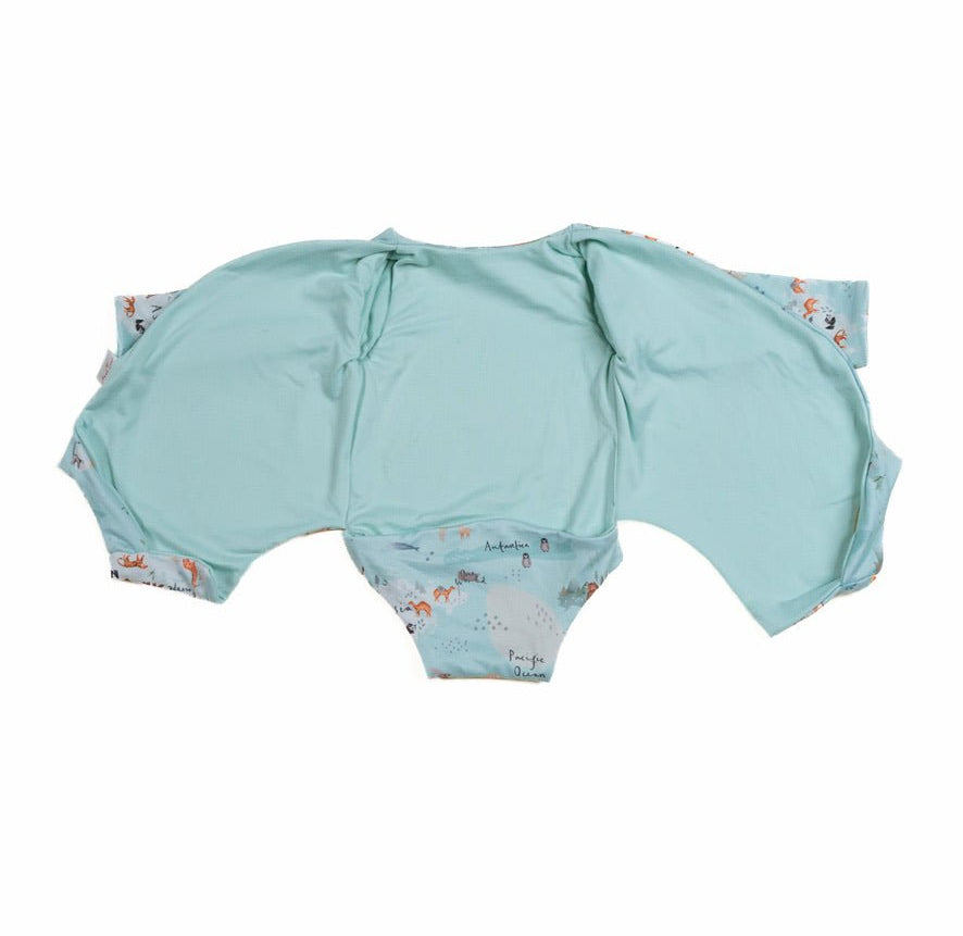 Long sleeved reversible winged bodysuit for babies in classic brushed fabric.