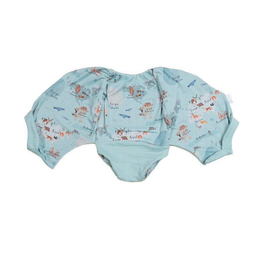 Soft classic brushed bodysuit featuring a reversible short-sleeve winged style in the World Traveler design.