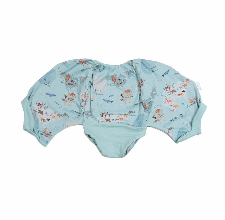 Soft classic brushed bodysuit featuring a reversible short-sleeve winged style in the World Traveler design.