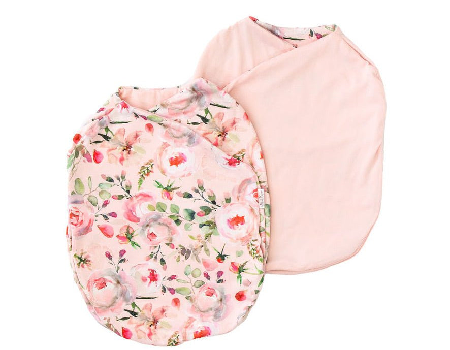 Peachy rose fields design baby cocoon swaddle in classic brushed fabric.
