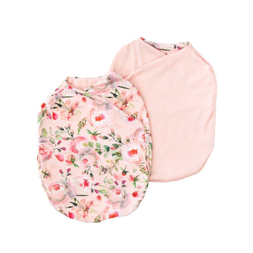 Peachy rose fields design baby cocoon swaddle in classic brushed fabric.