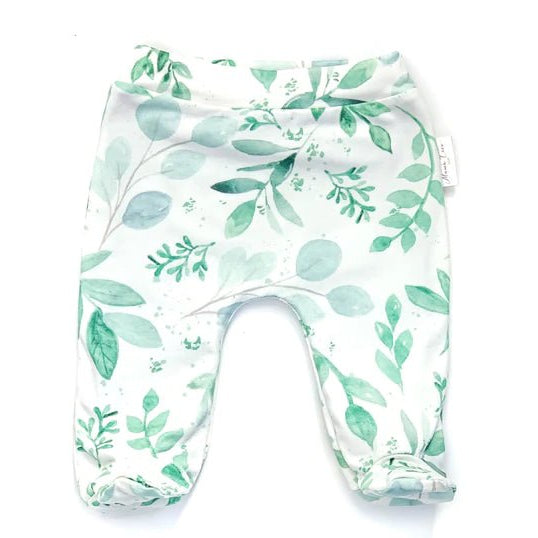 Soft and gentle baby footie pants made from bamboo cotton fabric in the Saged Eucalyptus design.
