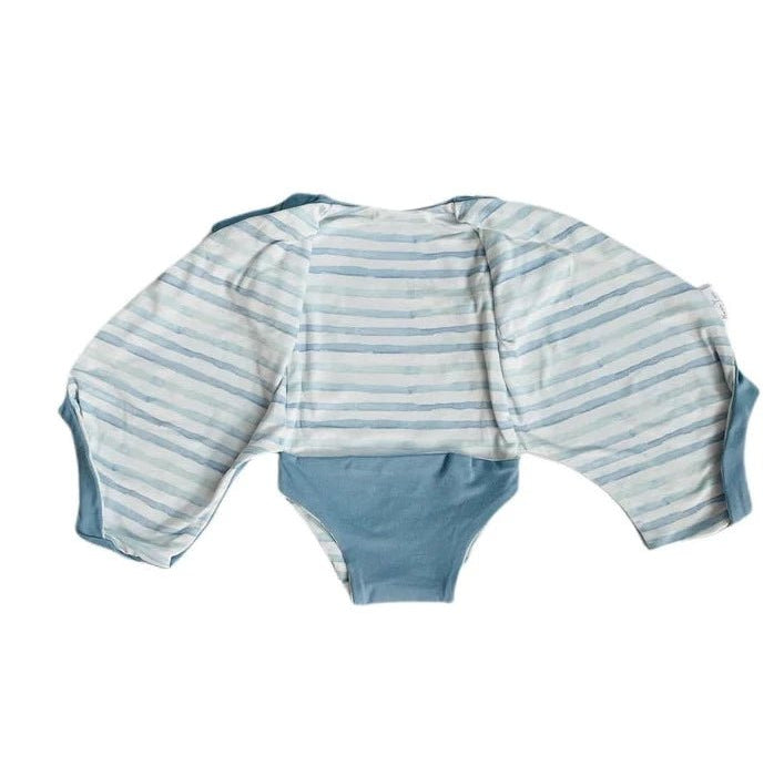 Soft short-sleeve winged bodysuit in the Chambray Waves design crafted from classic brushed fabric.
