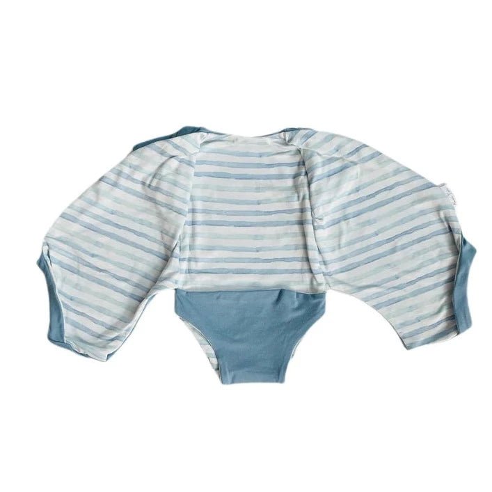 Soft short-sleeve winged bodysuit in the Chambray Waves design crafted from classic brushed fabric.