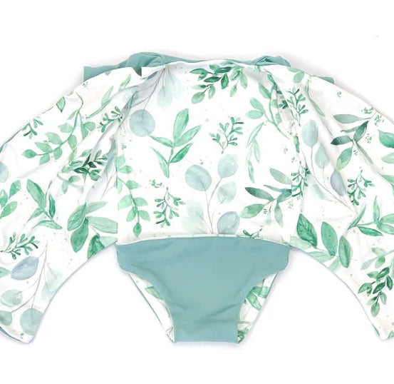 Saged Eucalyptus reversible short-sleeve winged bodysuit designed for cozy everyday outfits.