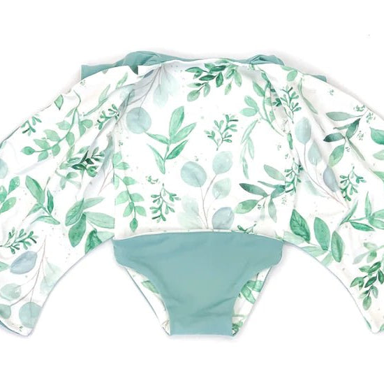 Saged Eucalyptus reversible short-sleeve winged bodysuit designed for cozy everyday outfits.