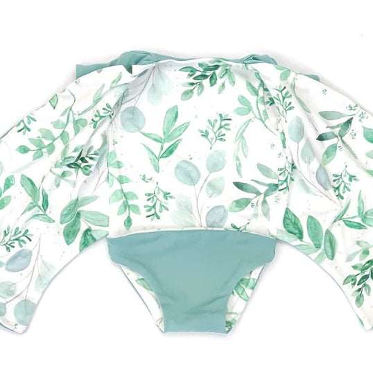 Saged Eucalyptus reversible short-sleeve winged bodysuit designed for cozy everyday outfits.