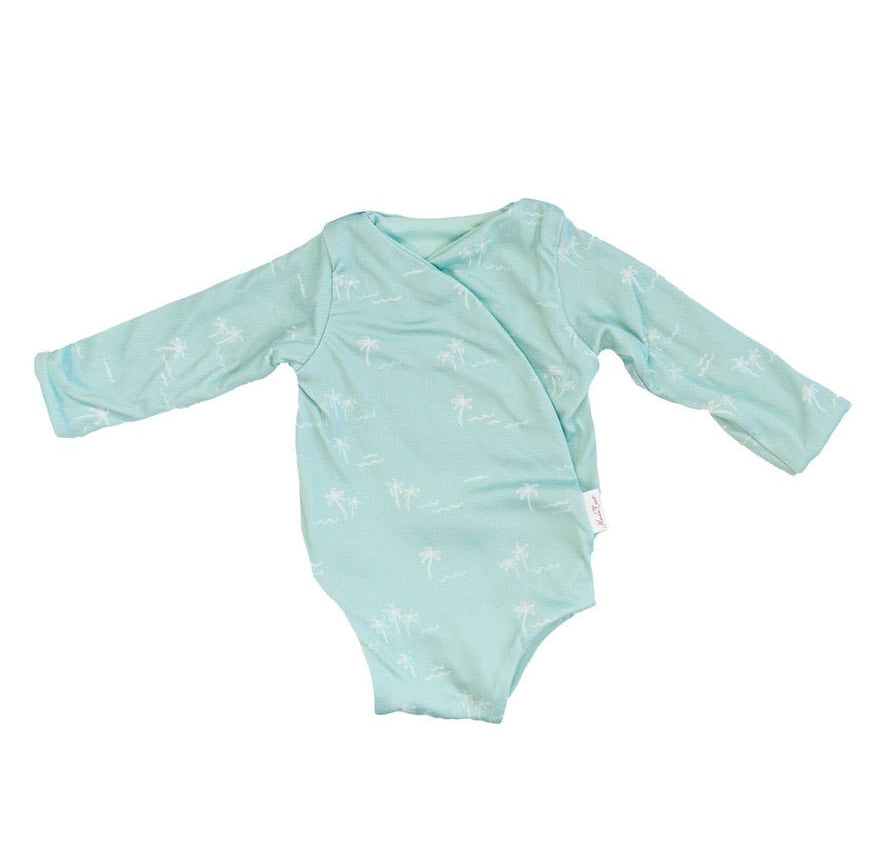 Honeydew Palms design winged bodysuit for babies in classic brushed fabric.