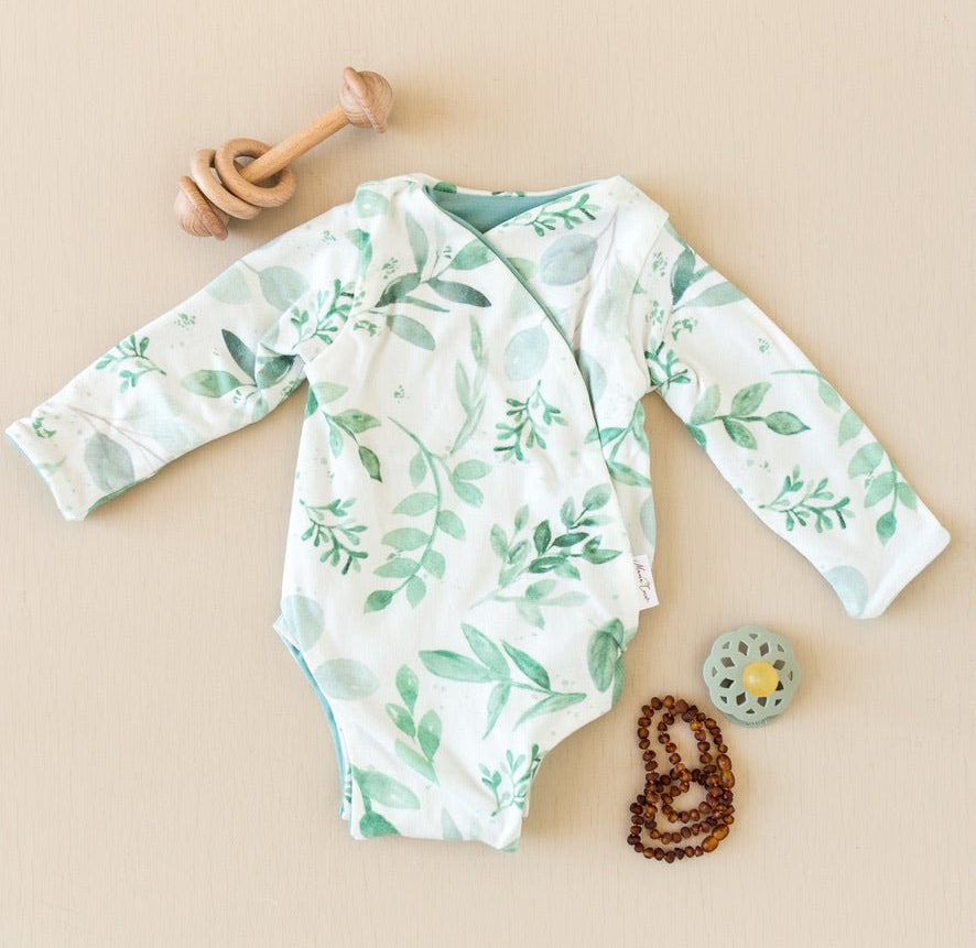 Saged Eucalyptus design winged bodysuit for babies in classic brushed fabric.