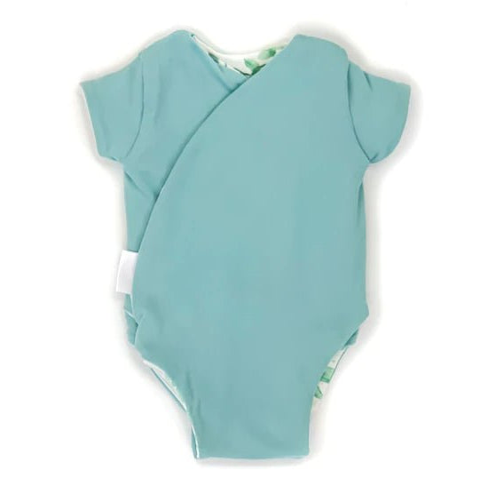 Short-sleeve winged bodysuit in soft Saged Eucalyptus fabric with a reversible classic brushed design.