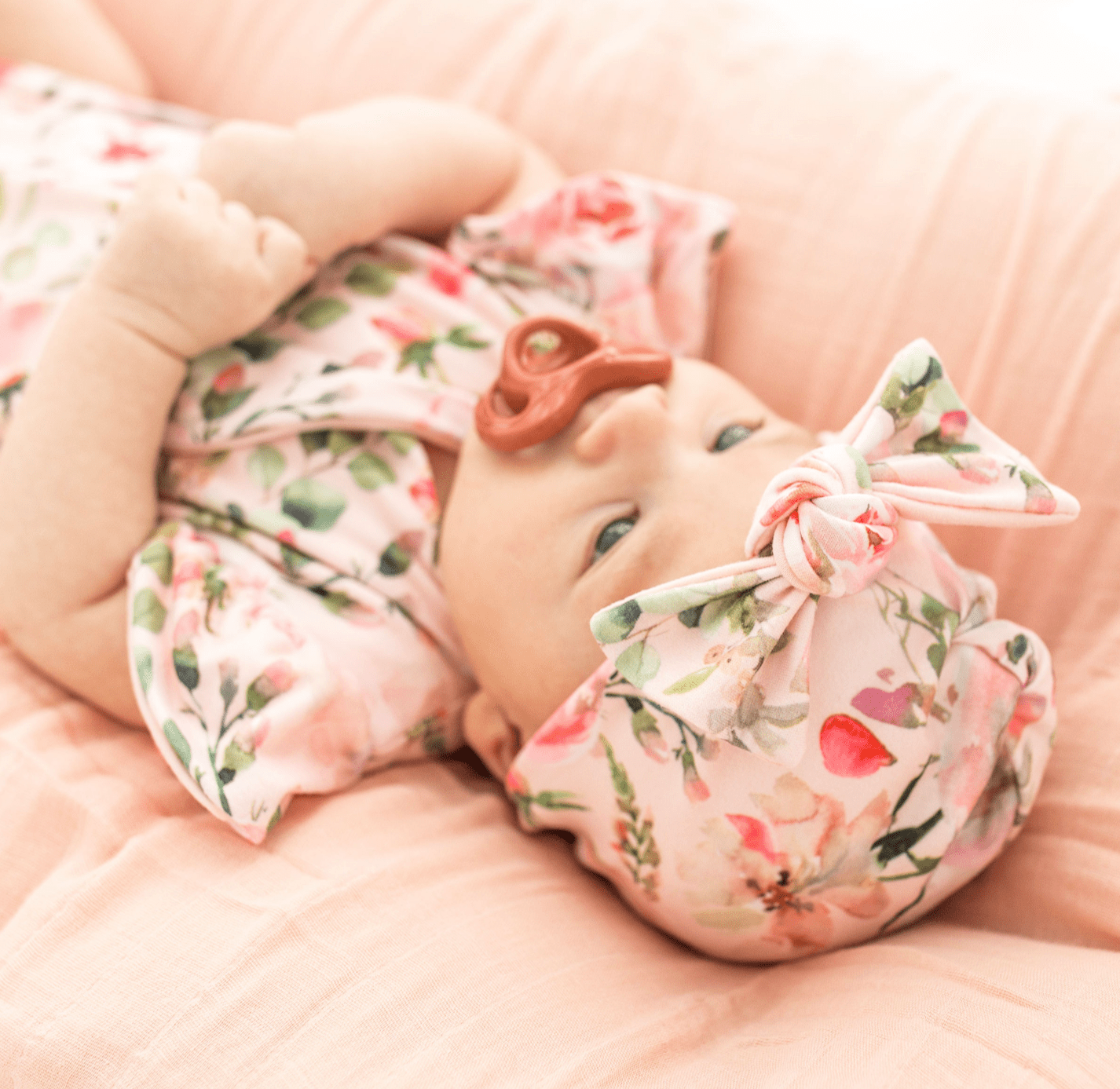 Soft classic brushed ruched baby beanie with bow in the Peachy Rose Fields design for newborn comfort.