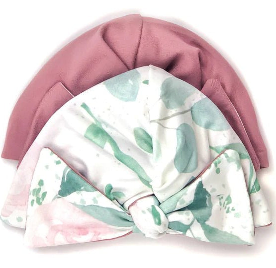 Soft classic brushed ruched baby beanie with bow in the Blushing Eucalyptus design for newborn comfort.
