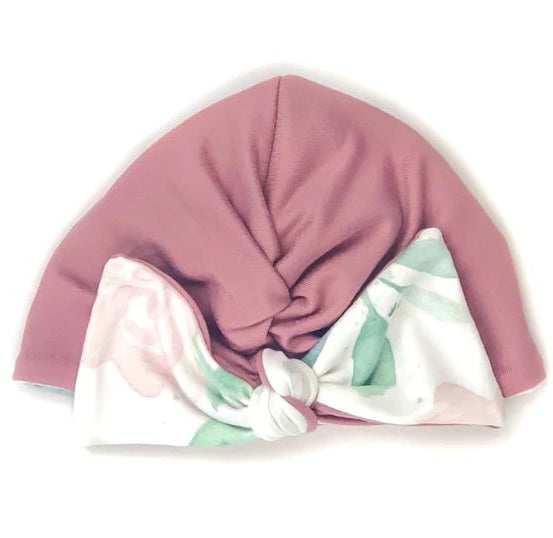 Reversible ruched beanie with bow for babies in Blushing Eucalyptus with a soft fit.