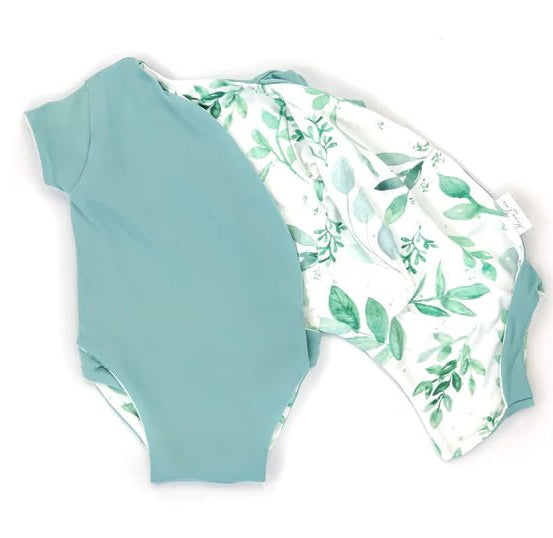 Lightweight reversible short-sleeve winged bodysuit in Saged Eucalyptus for soft everyday wear.