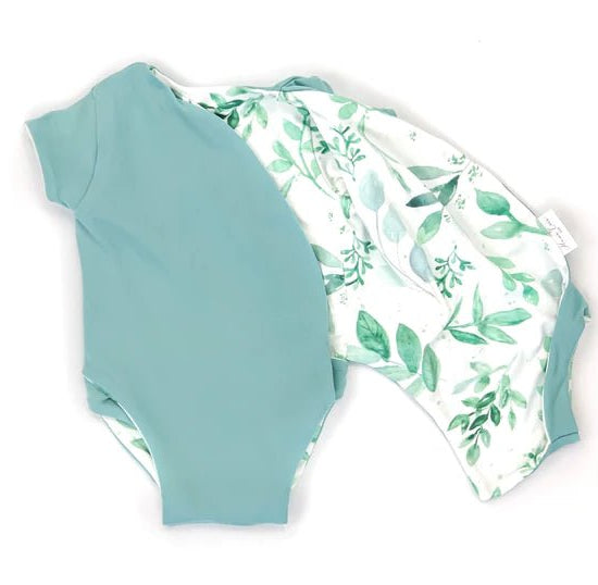 Lightweight reversible short-sleeve winged bodysuit in Saged Eucalyptus for soft everyday wear.