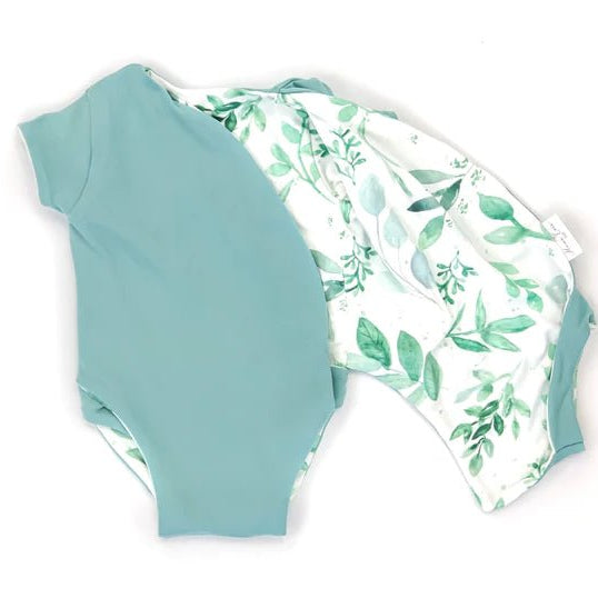 Lightweight reversible short-sleeve winged bodysuit in Saged Eucalyptus for soft everyday wear.