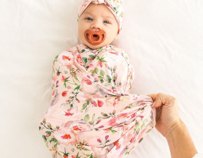 Classic brushed flutter sleeve newborn essentials bundle in peachy rose fields design.