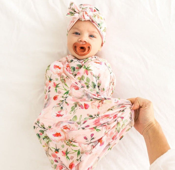 Classic brushed flutter sleeve newborn essentials bundle in peachy rose fields design.