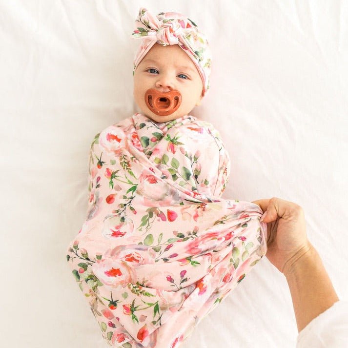 Classic brushed flutter sleeve newborn essentials bundle in peachy rose fields design.