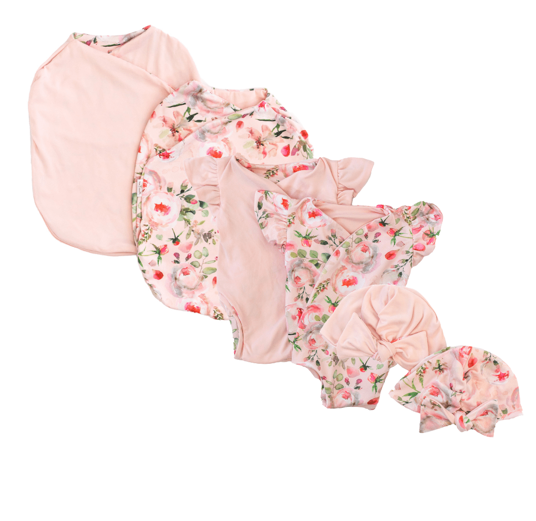Newborn essentials bundle with flutter sleeves in classic brushed fabric with peachy rose fields design.