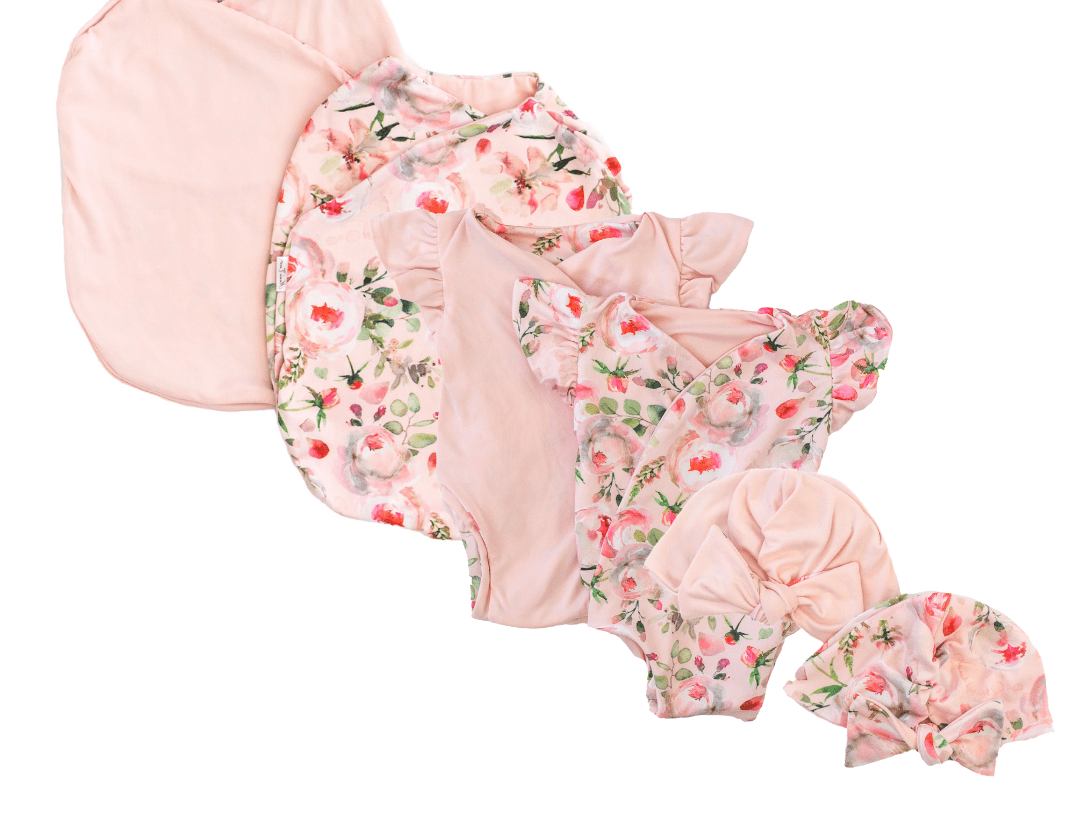 Newborn essentials bundle with flutter sleeves in classic brushed fabric with peachy rose fields design.