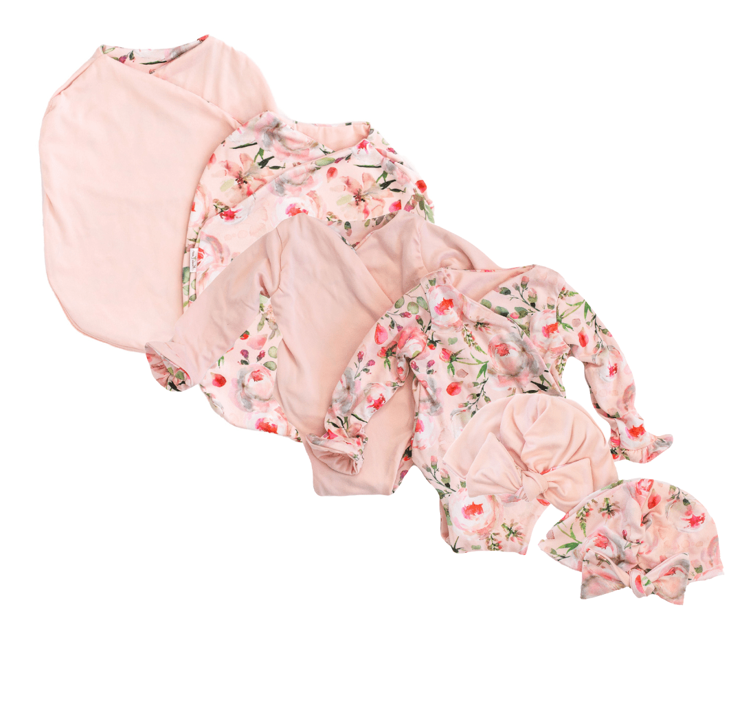 Classic brushed long sleeve newborn baby bundle, featuring adorable ruffle cuffs in peachy rose fields design.