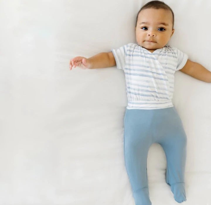 Reversible short-sleeve onesie bundle in chambray waves design.