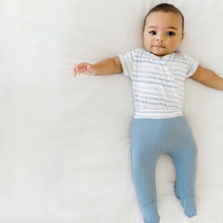 Reversible short-sleeve onesie bundle in chambray waves design.