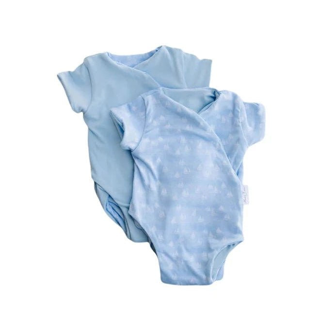 Reversible short-sleeve winged bodysuit in sailboat shores design.