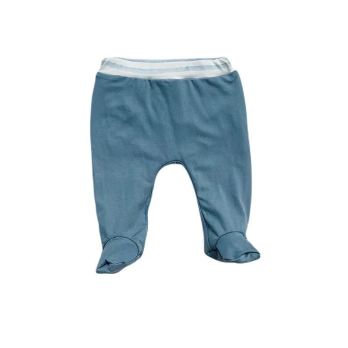 Reversible Chambray Waves print baby footie pants created from premium bamboo cotton material.