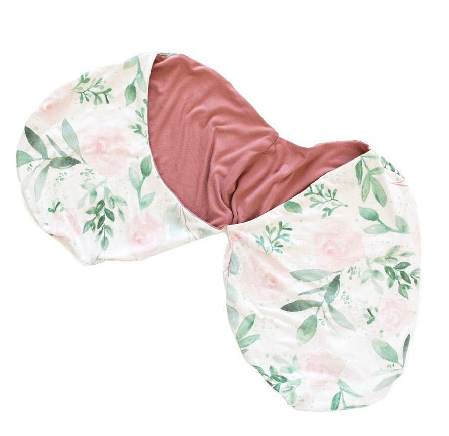 Reversible Blushing Eucalyptus design baby cocoon swaddle.