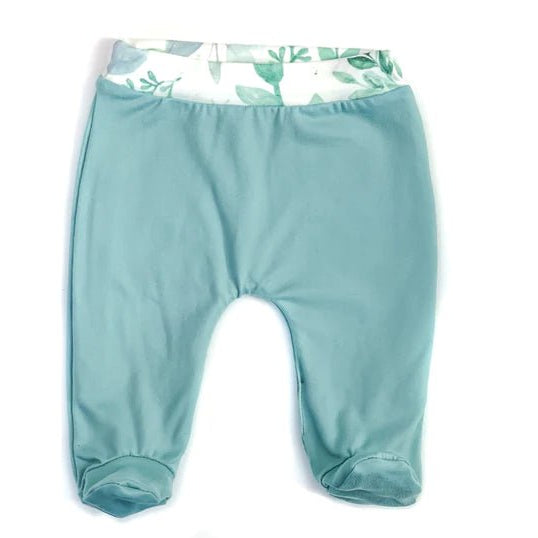 Reversible baby footie pants designed in bamboo cotton fabric featuring our Saged Eucalyptus design.