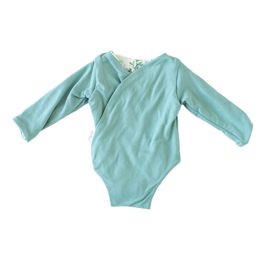 Reversible Saged Eucalyptus design long sleeve winged bodysuit.
