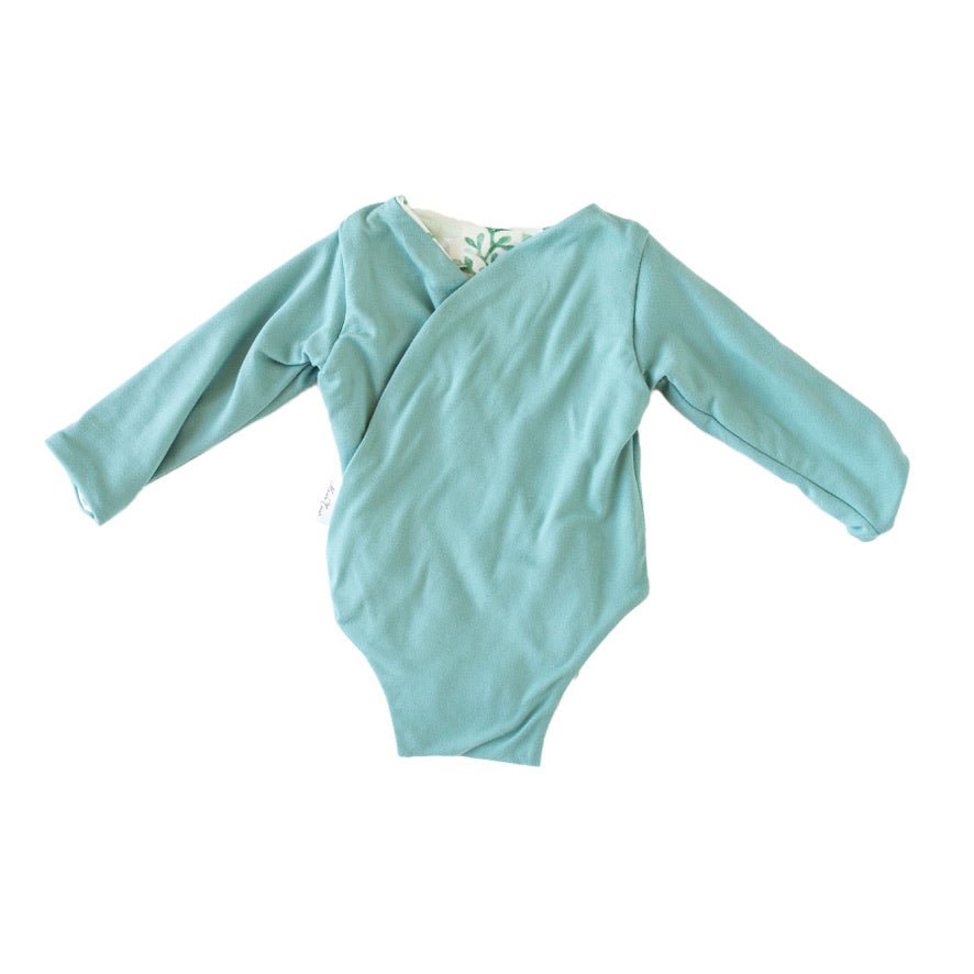 Reversible Saged Eucalyptus design long sleeve winged bodysuit.