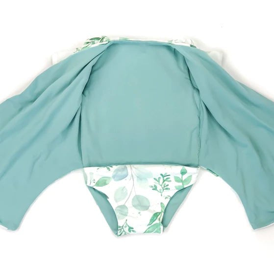 Soft classic brushed bodysuit featuring a reversible short-sleeve winged style in the Saged Eucalyptus design.