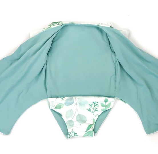 Soft classic brushed bodysuit featuring a reversible short-sleeve winged style in the Saged Eucalyptus design.
