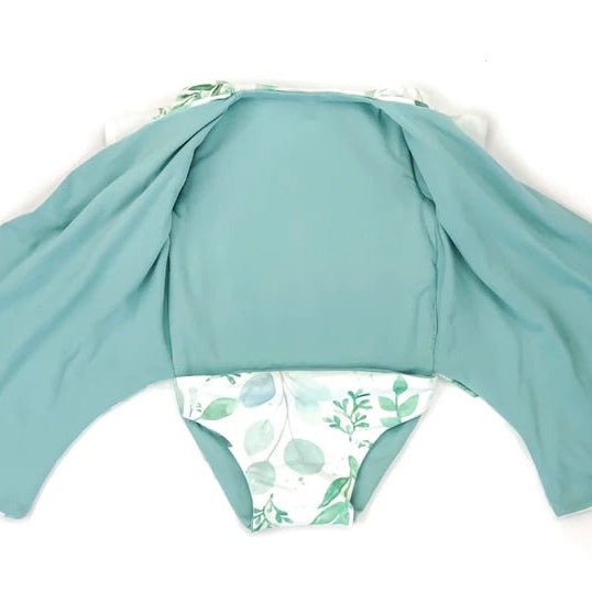 Soft classic brushed bodysuit featuring a reversible short-sleeve winged style in the Saged Eucalyptus design.