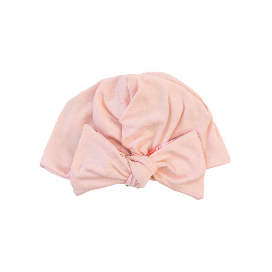 Soft reversible Peachy Rose Fields classic brushed ruched baby beanie with bow for a sweet everyday outfit.