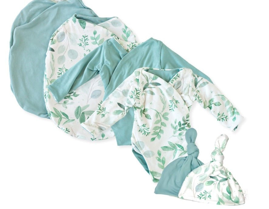 Newborn bundle with long sleeve essentials in classic brushed fabric with saged eucalyptus design.
