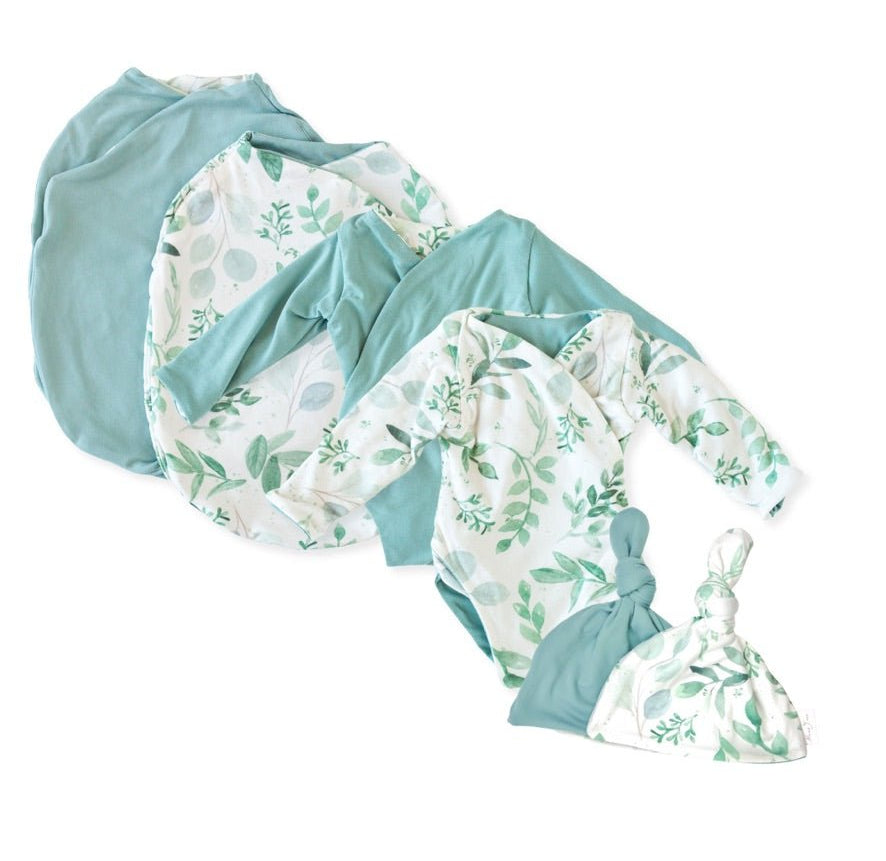Newborn bundle with long sleeve essentials in classic brushed fabric with saged eucalyptus design.