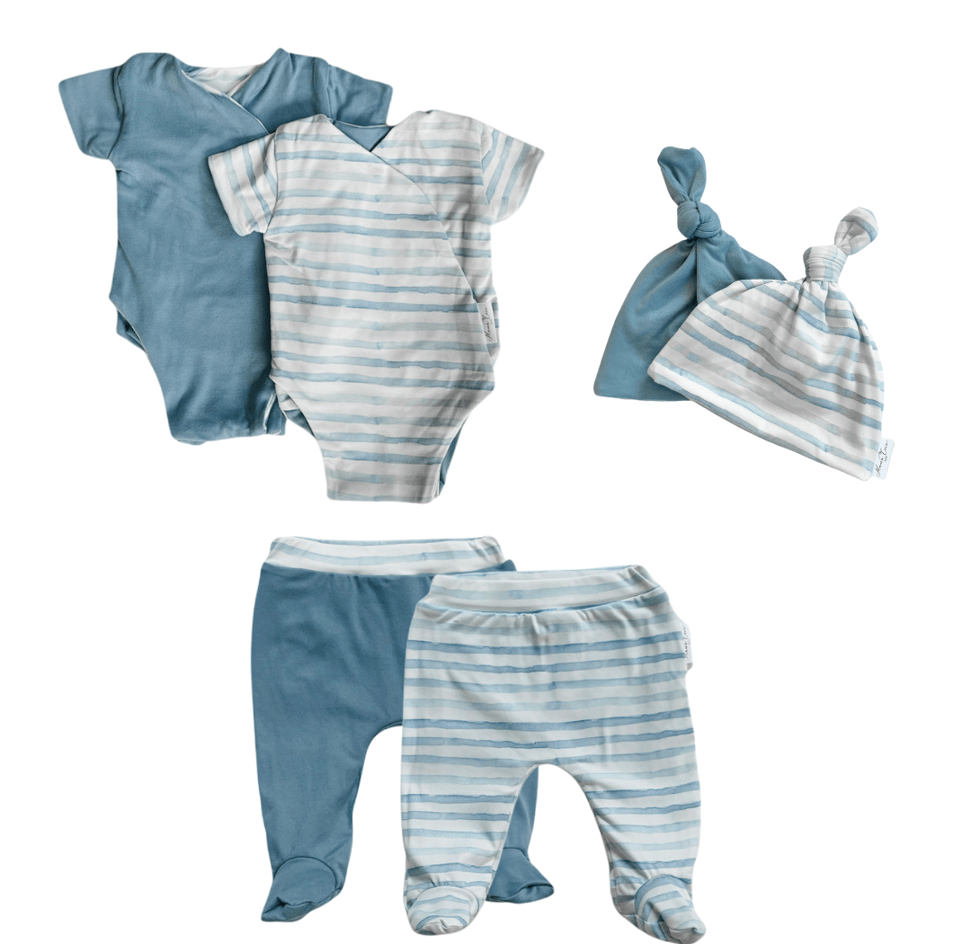 Reversible short-sleeve onesie outfit bundle in chambray waves design.