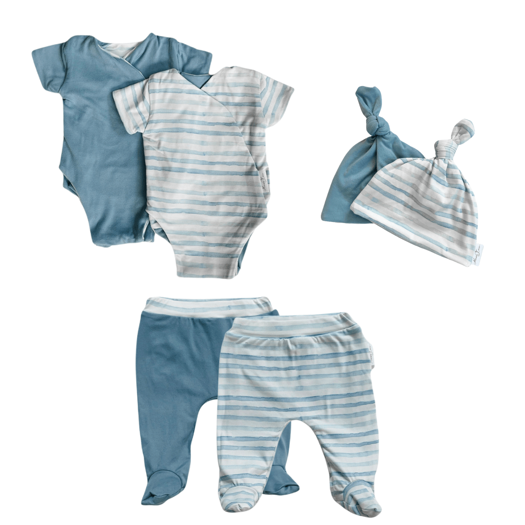 Reversible short-sleeve onesie outfit bundle in chambray waves design.