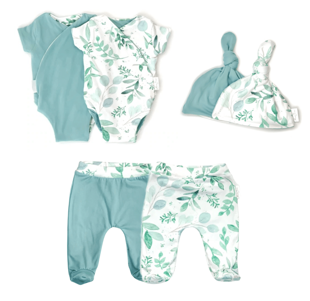 Reversible short-sleeve onesie outfit bundle in saged eucalyptus design.