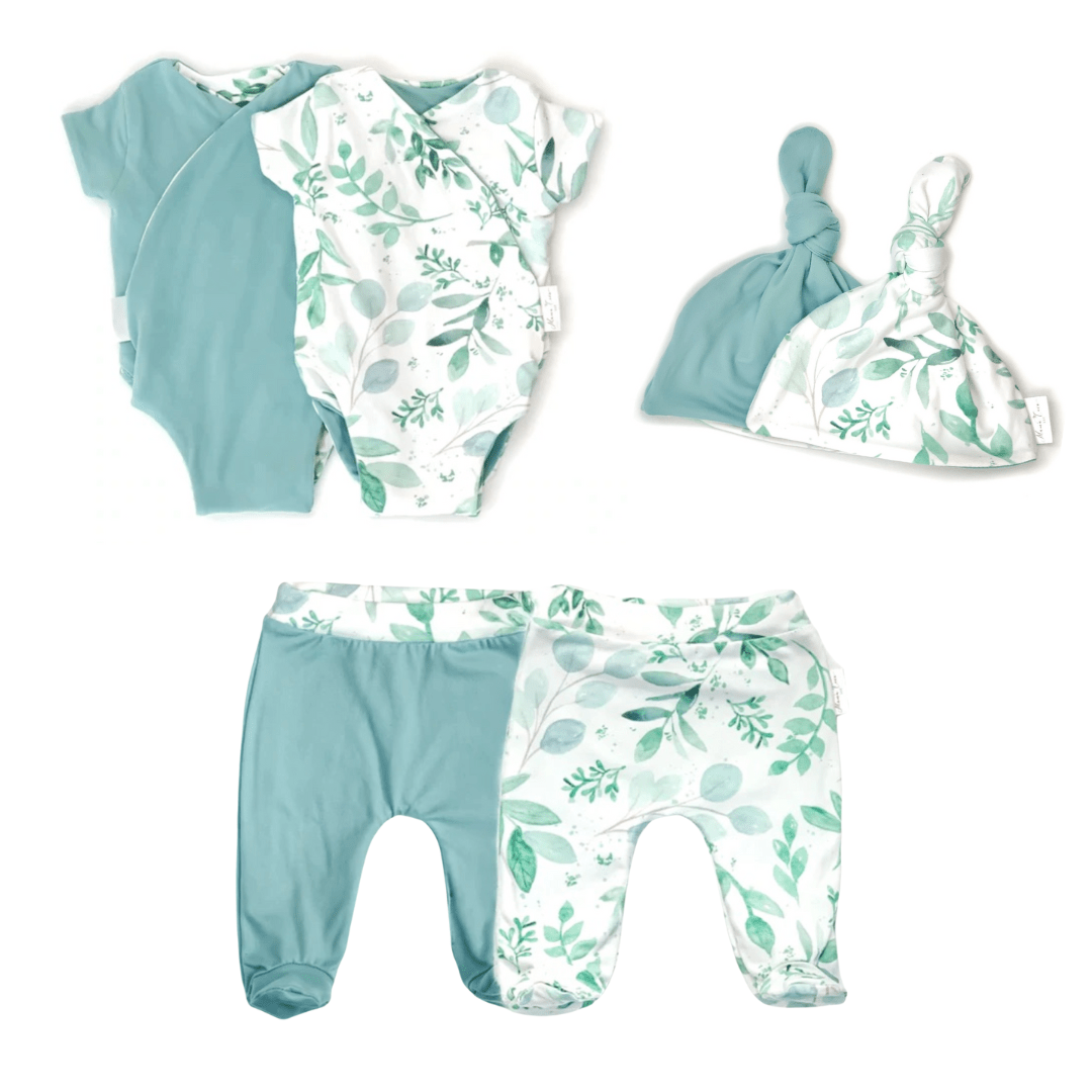 Reversible short-sleeve onesie outfit bundle in saged eucalyptus design.