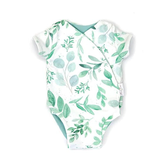 Classic brushed short-sleeve winged bodysuit with a gentle Saged Eucalyptus print for everyday comfort.