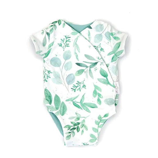 Classic brushed short-sleeve winged bodysuit with a gentle Saged Eucalyptus print for everyday comfort.