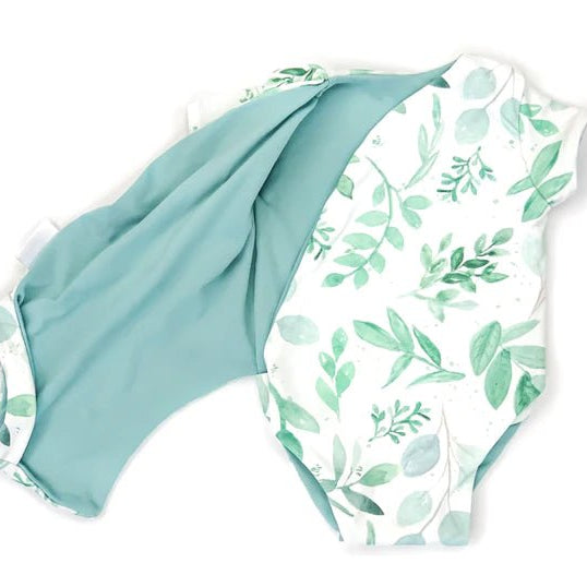 Reversible short-sleeve winged bodysuit in Saged Eucalyptus made with soft classic brushed fabric.
