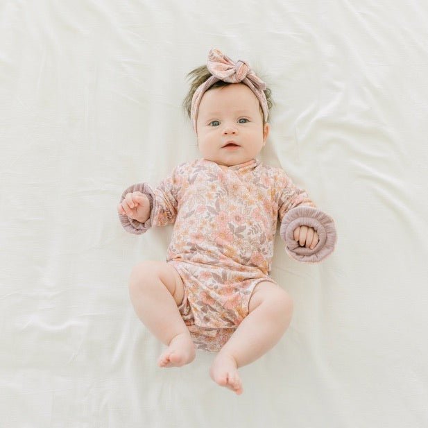 RUFFLE CUFF LONG SLEEVE WINGED BODYSUIT - Mama Coco in sugar plums design in brushed viscose fabric.