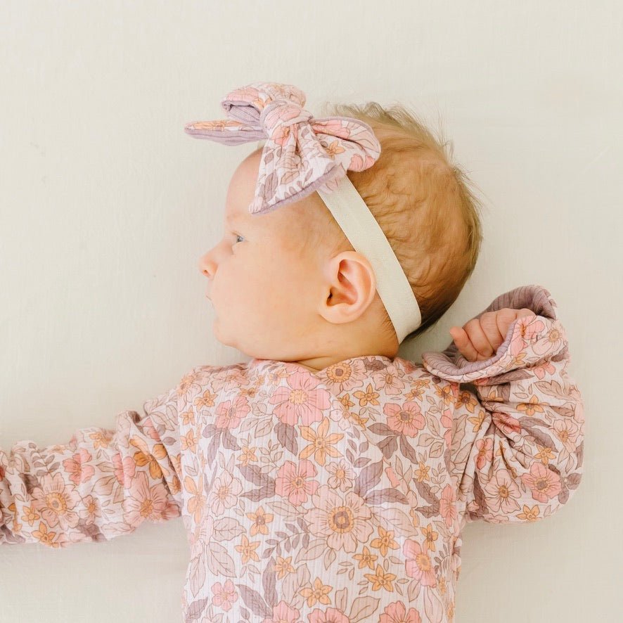 RUFFLE CUFF LONG SLEEVE WINGED BODYSUIT - Mama Coco in sugar plums design in brushed viscose fabric.
